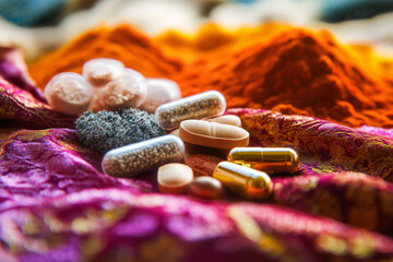 Silk Sari with Ayurvedic Herbs and Modern Supplements, Indian Spices Blurred in the Background, HDR Cultural Blend