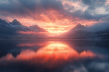 Fototapeta premium Stunning Sunrise Over Serene Mountain Lake with Dramatic Clouds and Reflections Creating a Tranquil and Majestic Natural Landscape Scene