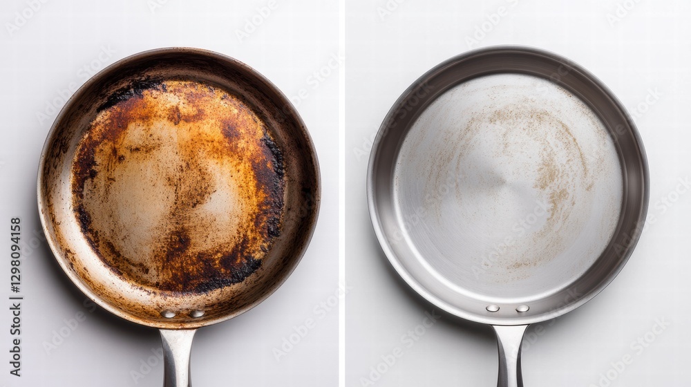 Poster before and after comparison of a cleaned stainless steel frying pan showing effective cleaning techn