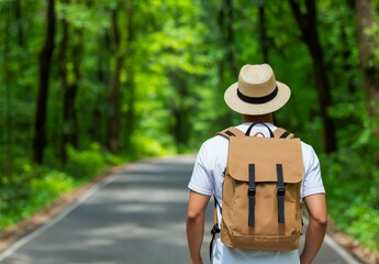 Man with Backpack Walking on Forest Road