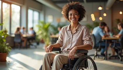 Inclusive image of happy mixed race disabled woman in wheelchair. Smiling confidently in diverse accessible fun office workplace. Focus on gay lesbian employee. Disability inclusion, workplace