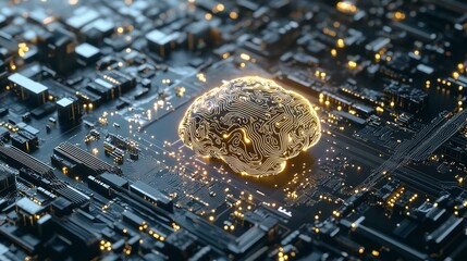 Abstract Digital Brain Circuitry Glowing Golden Lines Technology Neural Network Artificial Intelligence Futuristic Concept 