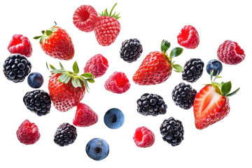 Flying berries fruit with strawberries, blackberries, raspberries, and blueberries, isolated background
