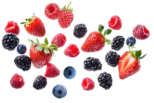 Flying berries fruit with strawberries, blackberries, raspberries, and blueberries, isolated background