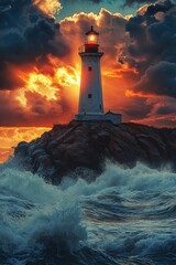 Dramatic Lighthouse at Sunset with Stormy Waves and Vibrant Sky Capturing the Power and Beauty of Nature's Elements