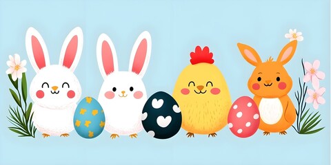 Obraz premium A group of cartoon animals, including two rabbits and a chicken