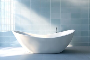 Modern freestanding bathtub in sunny tiled bathroom