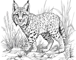 Lynx walking grassland illustration