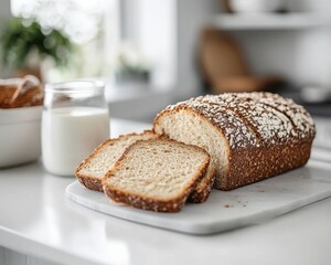 Freshly Sliced Homemade Bread on a Marble Cutting Board with a Glass of Milk in a Bright Kitchen Setting