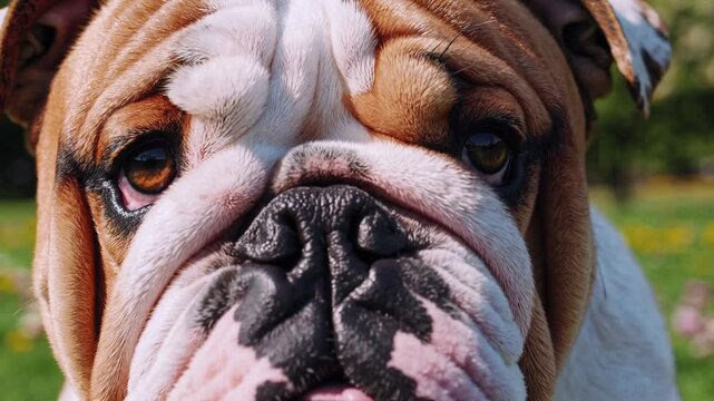 a close-up shot of a cute English Bulldog looking directly at the camera with a sweet expression. The dog has a wrinkled face, floppy ears, and a distinctive underbite