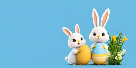 Obraz premium Two rabbits holding an Easter egg
