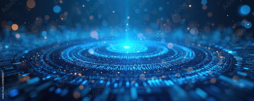 Fototapete Blue digital binary data backdrop with coding, software algorithm programming. Data flow abstract background banner for information tech, artificial intelligence, cyber space, big data illustration.