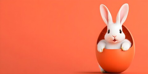 Fototapeta premium A white rabbit is sitting in an orange egg