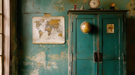 Naklejka premium Dusty classroom, world map, vintage cabinet
