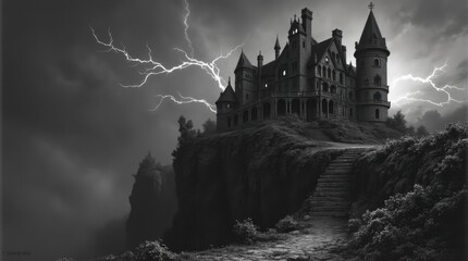 Naklejka premium A Haunted Gothic Mansion on a Cliff Bathed in Lightning
