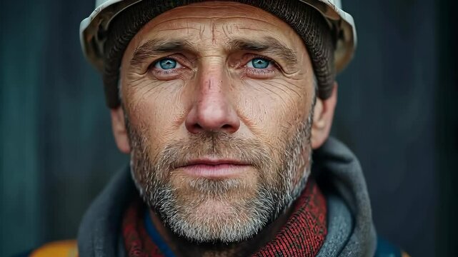 Man wearing a hard hat and a blue hat. He has a serious look on his face