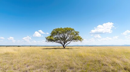 Fototapeta premium Lone tree in savannah, clear sky, peaceful landscape, nature photography