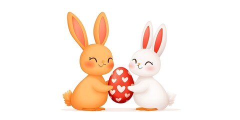 Obraz premium Two rabbits holding an Easter egg