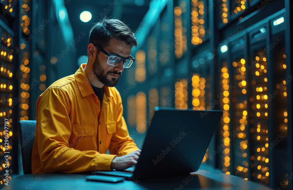 Fototapete Focused pro typing on laptop in illuminated data servers, secure modern tech environment. Server racks, data storage, data processing. Network engineer provides support, maintenance, upgrades,