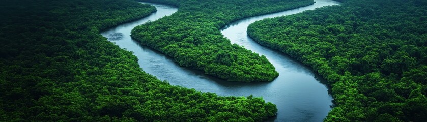 Fototapeta premium Aerial Perspective of a Winding River Cutting Through a Lush, Green Forest Canopy