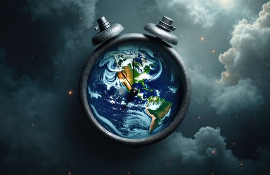 Alarm clock with planet Earth inside surrounded by dramatic clouds. Symbolizing urgency of action on climate change. Global warming danger concept. Environmental disaster time ticking. - Powered by Adobe