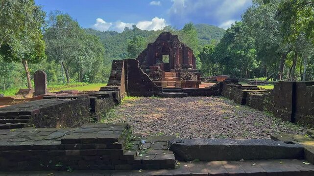 My Son Sanctuary, Quang Nam Province, Vietnam - A Cluster of Abandoned and Partially Ruined Shaiva Hindu Temples - Pan Right Shot