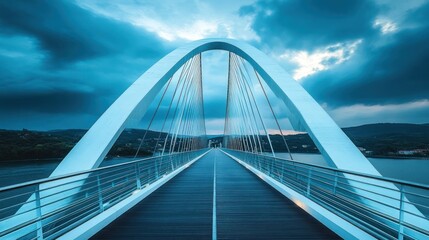Obraz premium Modern arch bridge over water under stormy sky.
