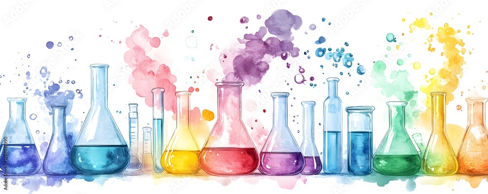 Poster colorful lab flasks with watercolor splashes