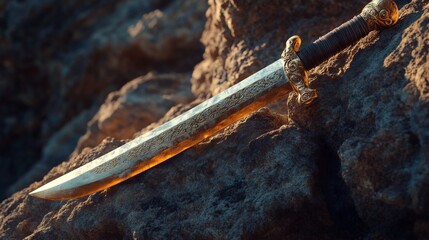 Naklejka premium Golden Sword on Ancient Rocks