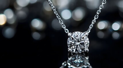 51. A sparkling diamond necklace with a modern design, displayed on a reflective black surface