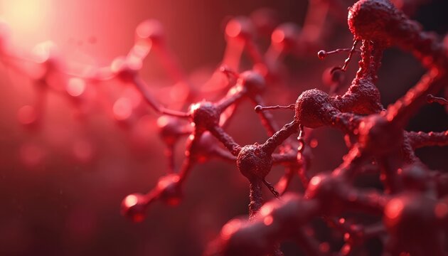 Abstract red molecule structure background, science, medical research. Lab dna formula, atom connection. Scientific deoxyribonucleic acid molecular chemistry technology. Microscopic concept, collagen