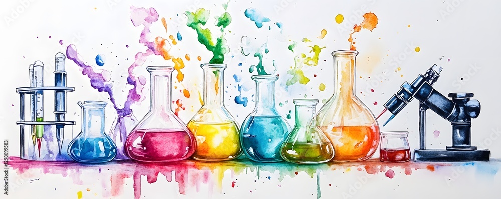 Poster Colorful Lab Experiment with Flasks and Microscope