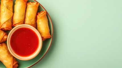 Crispy spring rolls arranged on plate with vibrant dipping sauce