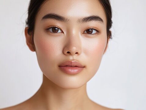 Elegant Asian woman with delicate skin and natural makeup, gazing at the camera, close-up portrait emphasizing skin tone and facial features, perfect for skincare advertising.