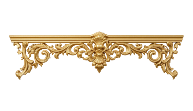 Ornate Gold Decorative Element with Intricate Floral and Scroll Design on Black Background