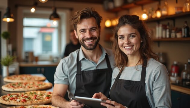 Smiling couple, owners of small pizzeria, wearing aprons, holding tablet. Happy man, woman pose in cozy restaurant with ready pizza. Family business, online orders, food delivery service concept.