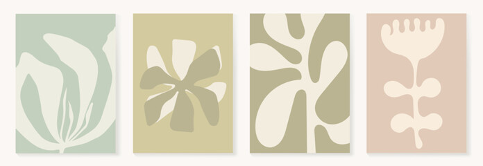 Set of abstract foliage poster vector. Leaves, flower, organic shapes, earth tone colors, leaf branch. Illustration design for Eco packaging, interior, cover, wall art, wallpaper.