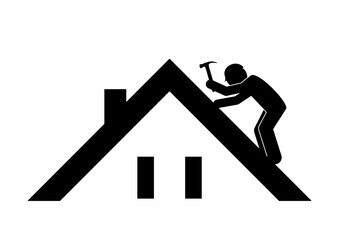 Roofer, worker on the roof with a hammer in his hand, black symbol, icon, vector