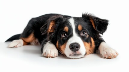 Puppy resting sweetly against a white background
