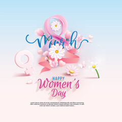 Womens Day greeting card design featuring a ribbon-styled number 8, daisies, tulips, and pink butterflies. Elegant typography stands out against a soft gradient background. © Le