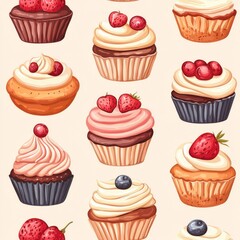 Delightful collection of colorful cupcakes with whipped cream toppings and fresh berries on a creamy background