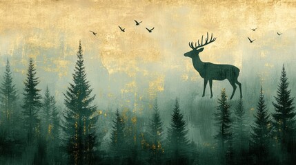 Majestic deer silhouette in misty forest landscape.