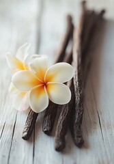 Naklejka premium Natural arrangement of vanilla sticks and delicate plumeria flowers on rustic wooden surface for culinary and decorative uses
