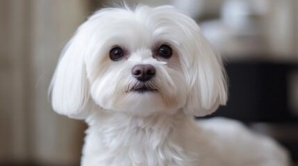 Closeup portrait of a Maltese lapdog at the animal salon