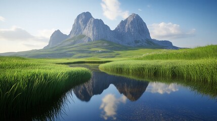Obraz premium Majestic Mountains, Calm River, Peaceful Meadow, Sunrise Reflection
