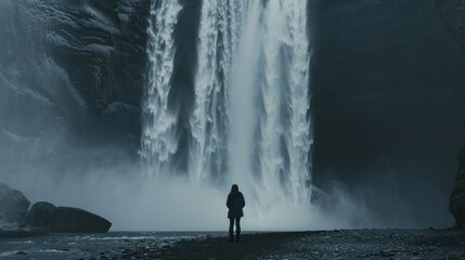 Solitude at Majestic Waterfall: A Person Silhouetted Against Iceland's Breathtaking Cascade