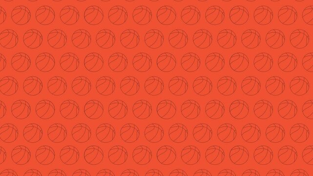 Seamless basketball pattern on red background animation. Sports theme repeating texture. Athletic style outline basketballs animated flat 2D backdrop horizontal 4K video abstract continuous