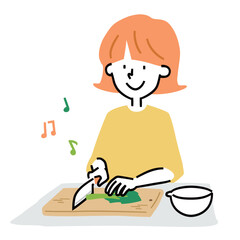 包丁で野菜を切る女性のイラスト