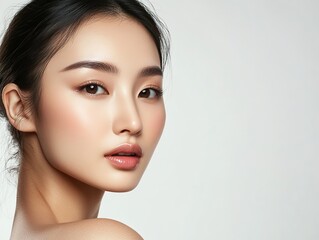 Naklejka premium Elegant Asian woman with delicate skin and natural makeup, gazing at the camera, close-up portrait emphasizing skin tone and facial features, perfect for skincare advertising.