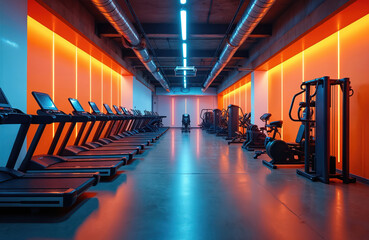 Modern gym interior with treadmills, sport machines, orange walls, blue neon lights. Fitness center with row of cardio equipment. Futuristic design of empty fitness studio. Sport lifestyle, gym